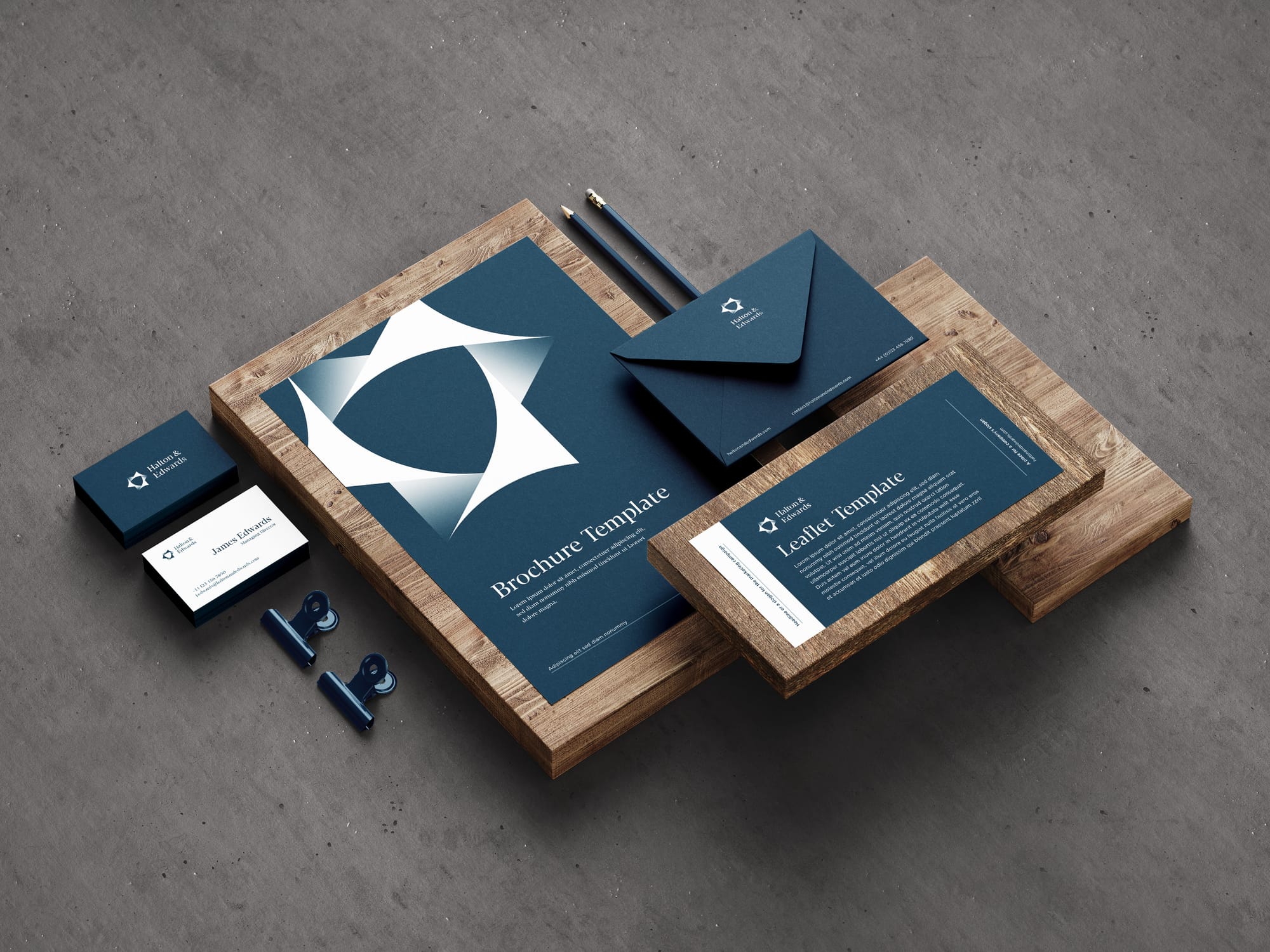 Halton & Edwards visual identity on business cards, a brochure, a leaflet and an envelope