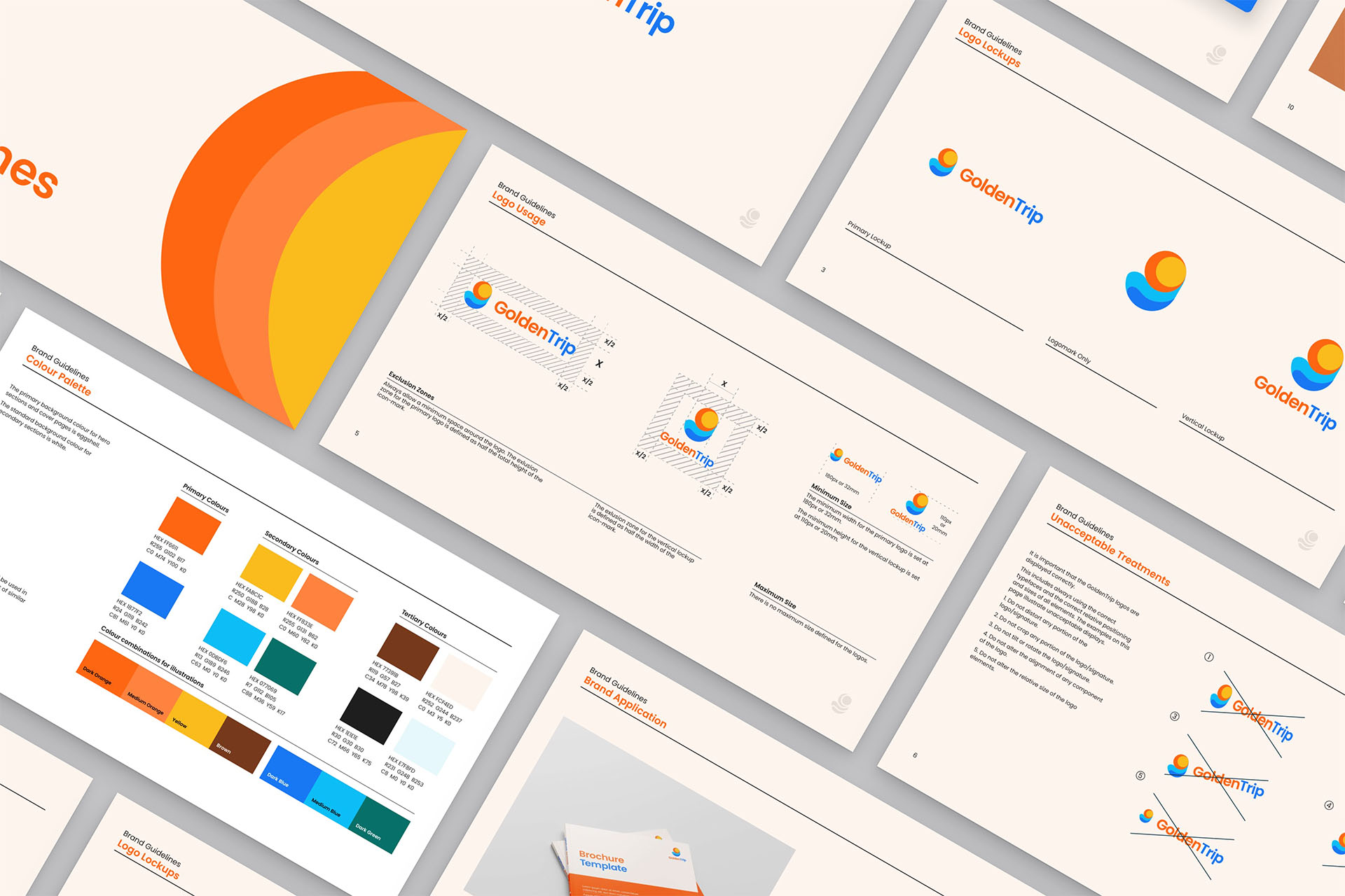 Brand guideline pages laid out together